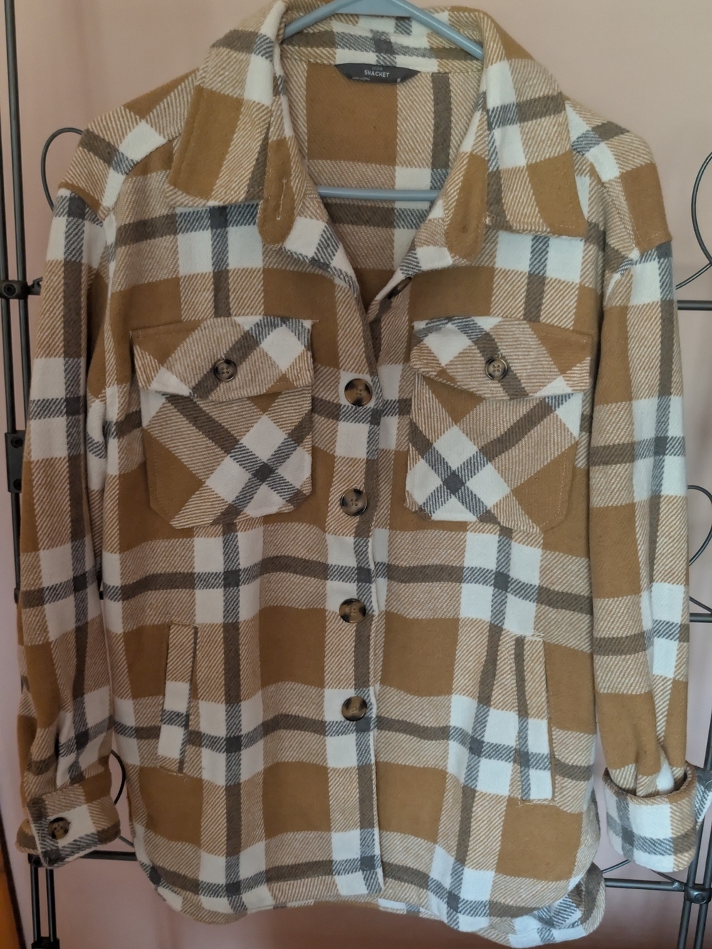 Plaid Button-Front Utility Jacket in Camel White